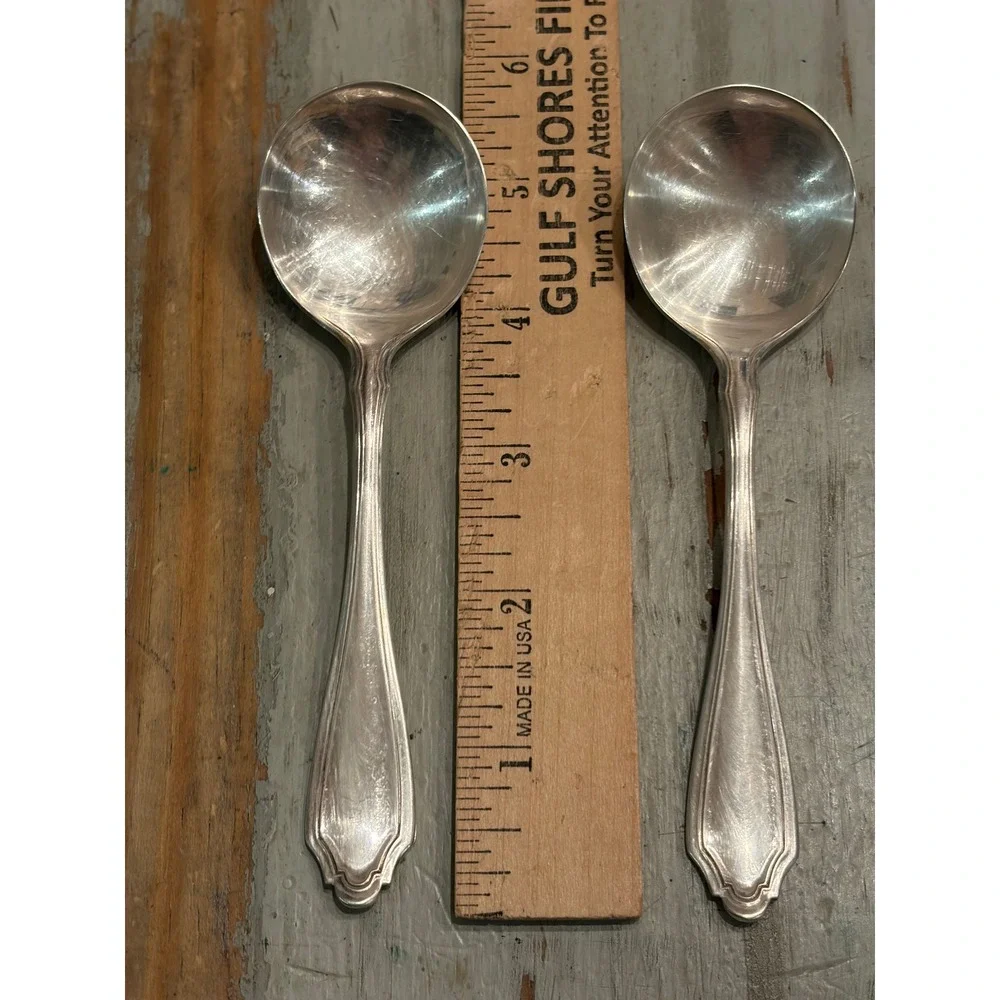 Set of 2 R Wallace A1 Silverplate Soup Bouillon Spoons Evening Star